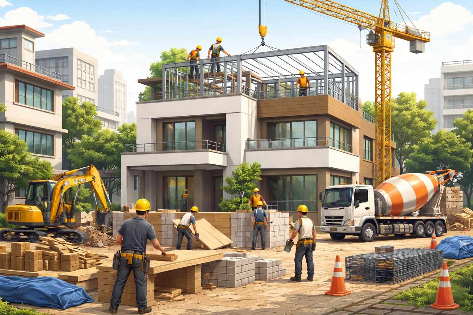 示意圖顯示台中住宅區的房屋增建施工過程，表現施工現場和擴建工程的情況。