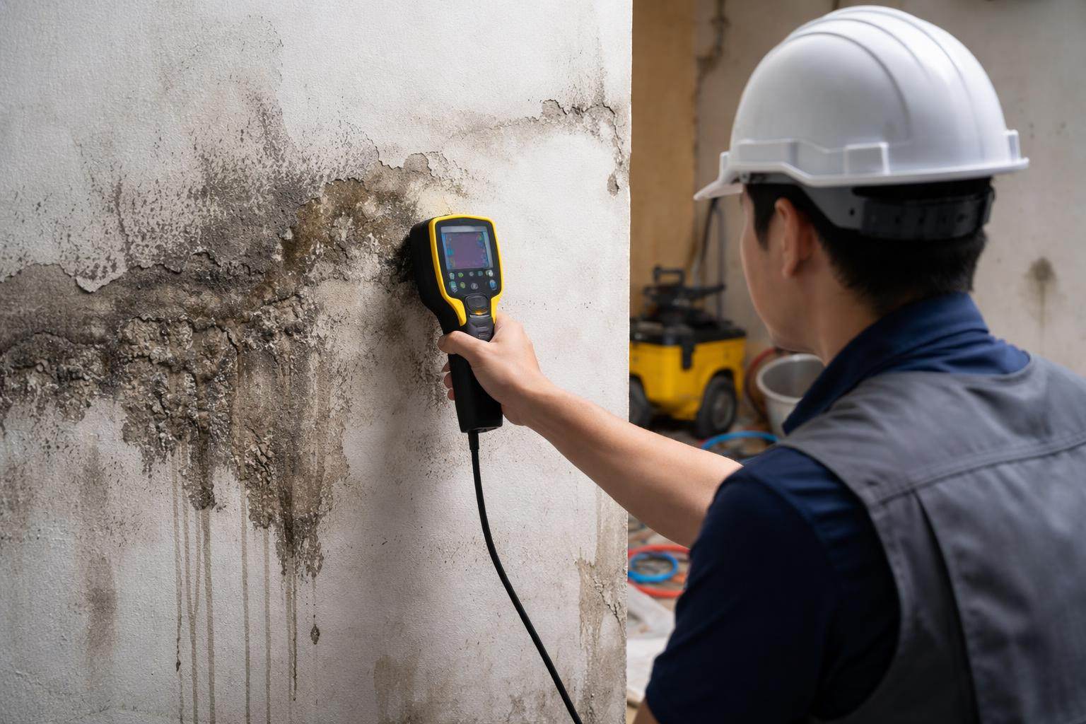 示意圖，展示房屋牆面防水抓漏施工場景和專業檢測過程。