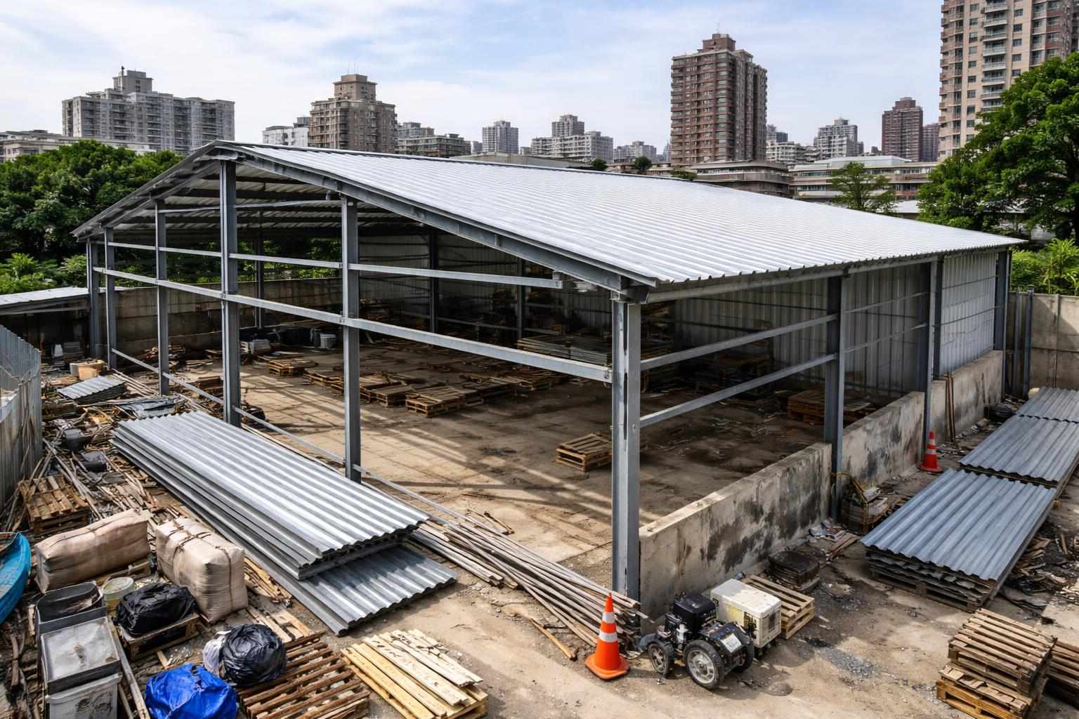 鐵棟鐵皮增建工程建築工地示意圖，展示鋼架結構與鐵皮覆蓋情況。