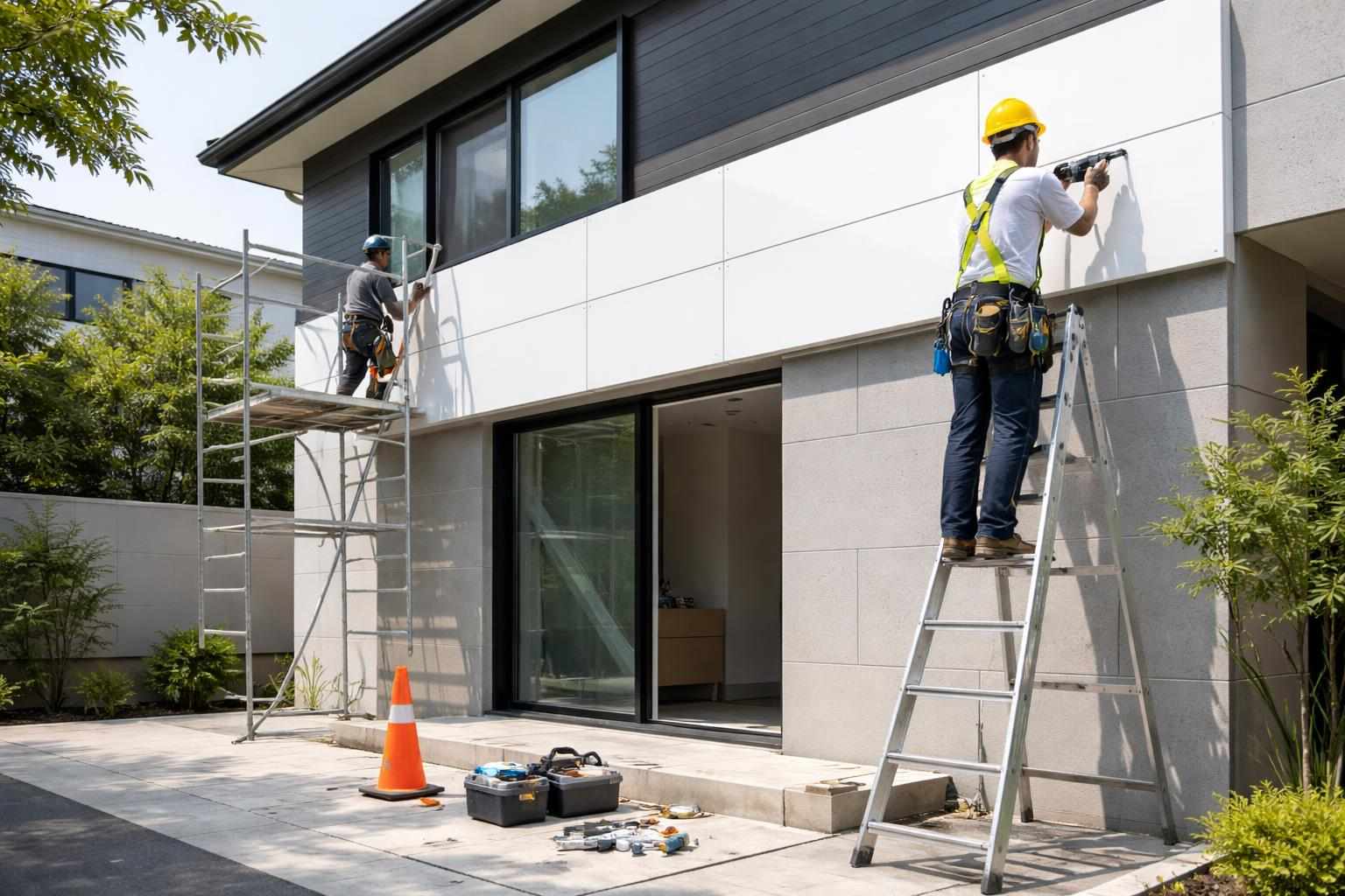 示意圖顯示住宅正在進行烤漆板翻新工程的施工場景，展現專業施工氛圍。